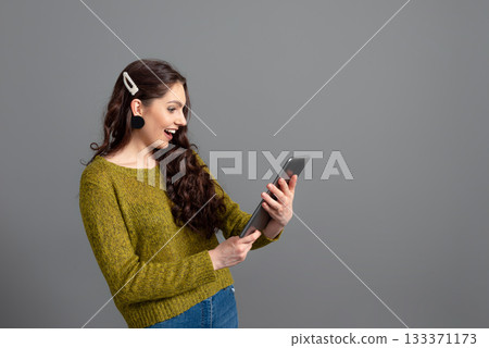 woman discussing with friends online. business, communication and entertainment concept, remote work 133371173