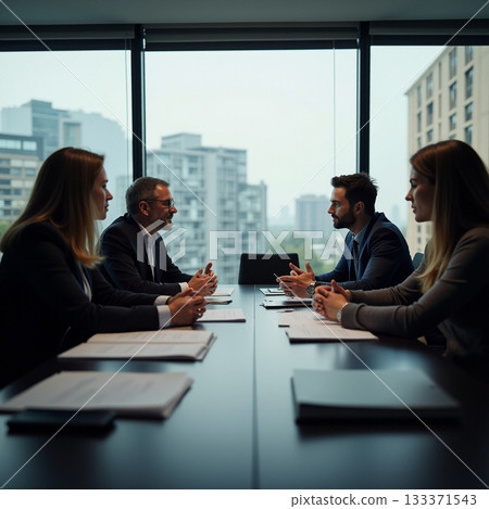 Business meeting in modern office with city view at noon Generative AI Business meeting in modern office with city view at noon Generative AI 133371543