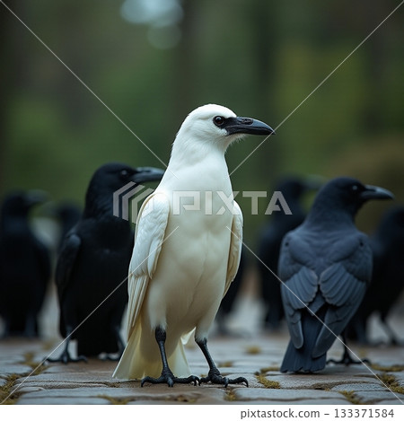 Lone white bird amidst a flock of crows Generative AI 133371584