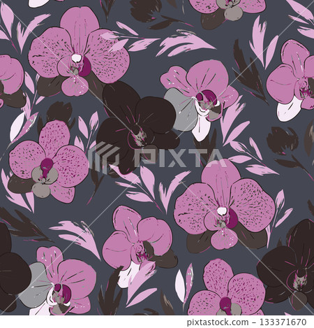 Luxury seamless pattern with vibrant pink and yellow tropical orchids on a smooth background. Perfect for textile print, fashion, wallpaper, and fabric design. 133371670