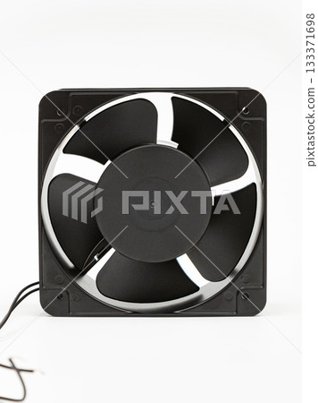 Black fan on a white background. Ventilation. 133371698