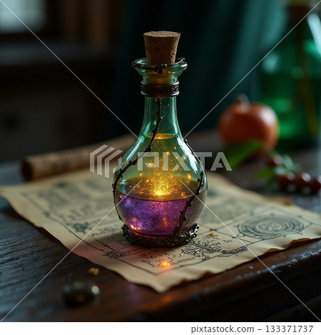 Mystical brew rests on ancient scroll Generative AI Mystical brew rests on ancient scroll Generative AI 133371737