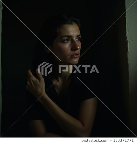 Woman in deep thought in a shadowy room at dusk Generative AI 133371771
