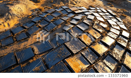 Aerial view of solar farm with geometric solar panels reflecting sunlight, set against dry hills and green patches, showcasing sustainable energy infrastructure 133371960