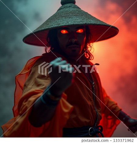 Warrior in an orange robe with glowing eyes amidst fog Generative AI 133371962