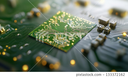 Green circuit board macro shot with esg letters and organic tree-like patterns in high contrast. Environmental social governance investment 133372162