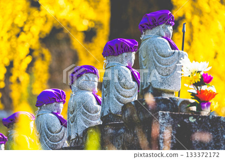 長福寺內有一排地藏菩薩像和一棵巨大的銀杏樹。 133372172