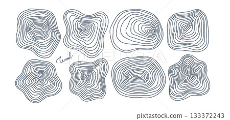 Hand drawn Circular wood concentric annual rings or topographic map line texture set. Wood tree topographic abstract lines collection flat style design. Linear vector illustration contour design. 133372243