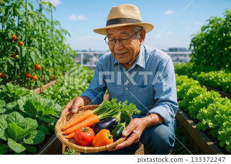 Senior man harvesting vegetables from a rooftop garden 133372247