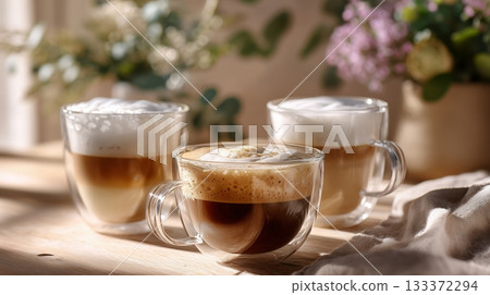 Three cups of coffee with frothy milk in a cozy setting on a wooden table 133372294