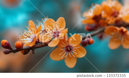 Beautiful orange flowers blooming on a branch in springtime garden Beautiful orange flowers blooming on a branch in springtime garden 133372335