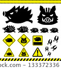 Set of wild boar warning signs and footprints 133372336