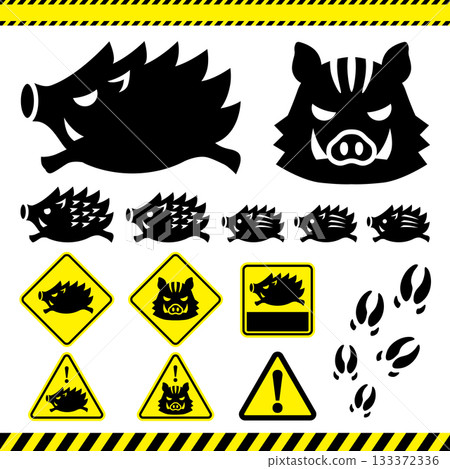 Set of wild boar warning signs and footprints 133372336