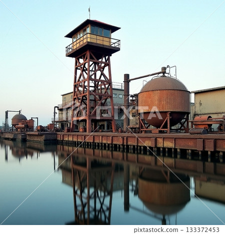 Industrial structure reflecting on a calm water surface Generative AI 133372453