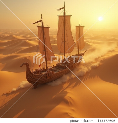 Majestic ship sails across golden desert sands at sunset Generative AI 133372606
