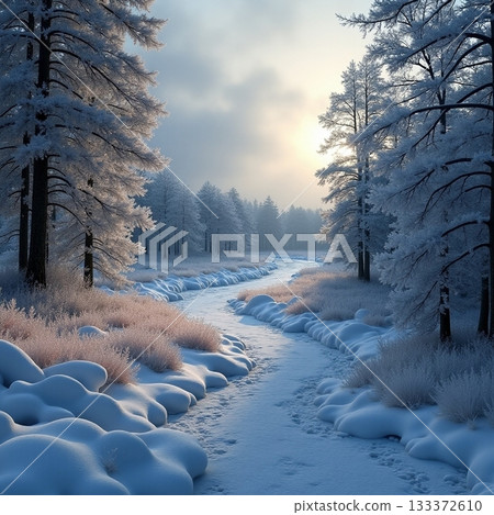 Winter landscape with river and frosted trees at dawn Generative AI 133372610