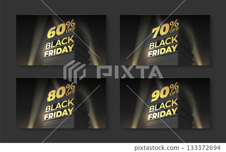 Set template for sale and discount BLACK FRIDAY with volumetric letters, building and spotlight. Sixty, seventy, eighty, ninety percent off. Vector Illustration for flyer, banner, cards, shop, ad. Set template for sale and discount BLACK FRIDAY with volumetric letters, building and spotlight. Sixty, seventy, eighty, ninety percent off. Vector Illustration for flyer, banner, cards, shop, ad. 133372694