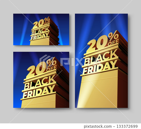 Set of vector illustration for BLACK FRIDAY discount in 20th century fox style with 3D inscription, building and spotlights. Twenty percent OFF. Template for sale, promo, flyer, ad, shop, cards. 133372699