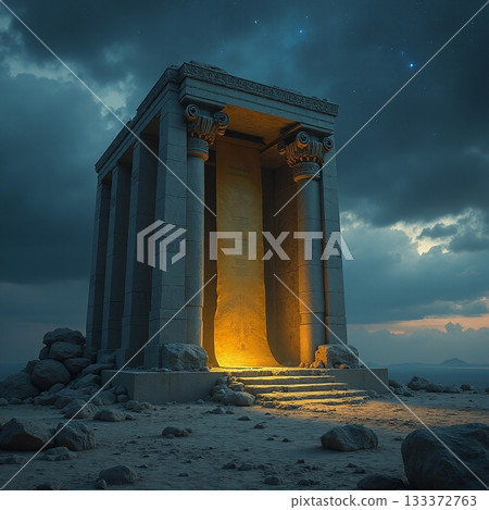 Ancient temple illuminated by dusks glow on rocky terrain Generative AI 133372763