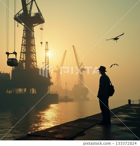 Man stands by water observing cranes at sunrise Generative AI 133372824