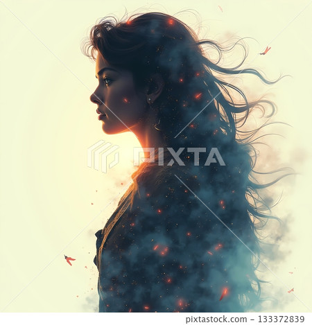 Stunning silhouette of a woman surrounded by smoke and light Generative AI 133372839