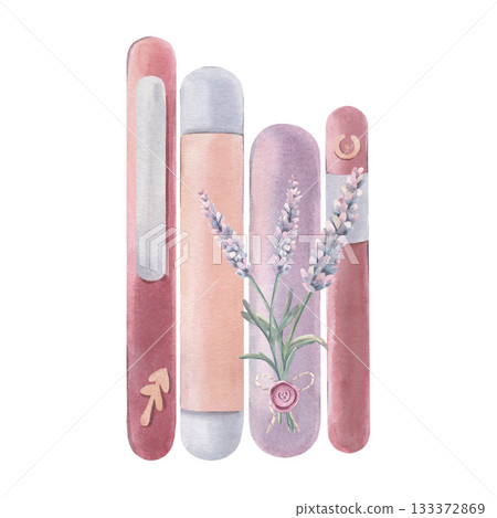 Blank book spines with lavender bouquet, label. Hand-painted watercolor illustration isolated on white. Ideal for book cover design, branding, stationery, mockups, vintage or literary themed projects 133372869