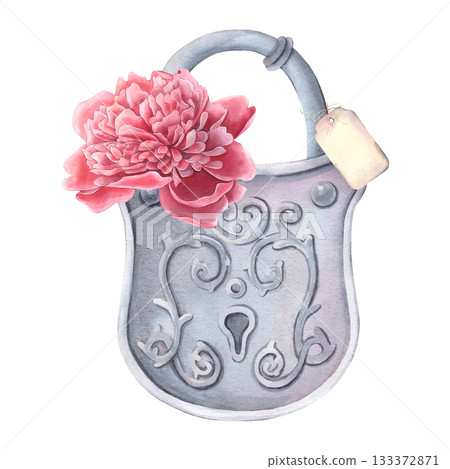Vintage metal padlock with label and peony flower. Hand-painted watercolor illustration isolated on white. Perfect for invitations, logos, card, print, packaging, design, mystery themes, retro decor 133372871