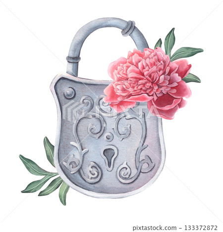 Vintage metal padlock with peony flowers. Hand-painted watercolor illustration isolated on white. Perfect for invitations, logos, card, print, packaging, design, mystery themes, botany, retro decor 133372872