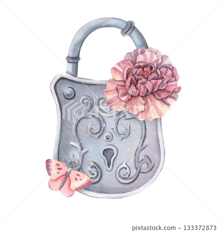 Vintage metal padlock with carnation flower and butterfly. Hand-painted watercolor illustration isolated on white for invitations, logos, card, print, textile, packaging, design, botany, retro decor Vintage metal padlock with carnation flower and butterfly. Hand-painted watercolor illustration isolated on white for invitations, logos, card, print, textile, packaging, design, botany, retro decor 133372873