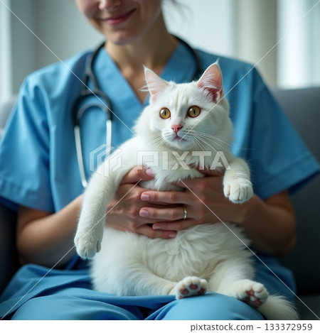 Veterinary professional cares for a fluffy white cat Generative AI 133372959