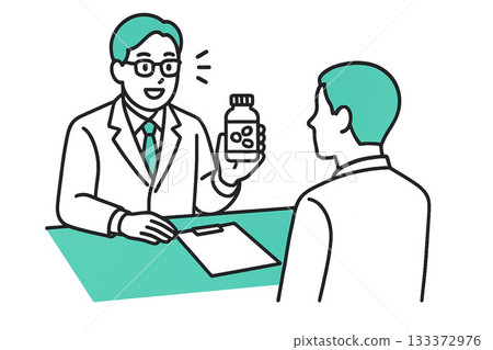 Illustration of a doctor explaining medication | Examination, consultation, medical care, medication guidance, health care explanation scene 133372976