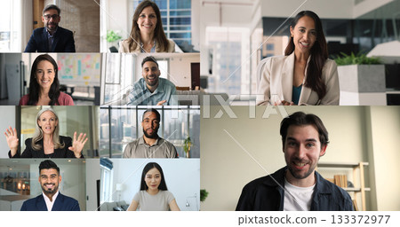 Collage of people participating in virtual video conference event 133372977
