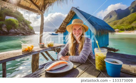 woman in bikini drinking coconut cocktail woman in bikini drinking coconut cocktail 133373009