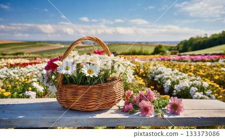 basket of flowers on the field basket of flowers on the field 133373086