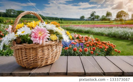 basket of flowers on a wooden table basket of flowers on a wooden table 133373087