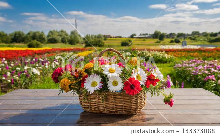 tulips in a basket on the background of flowers tulips in a basket on the background of flowers 133373088