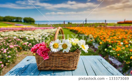 basket of flowers on a wooden table basket of flowers on a wooden table 133373089