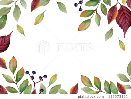 Watercolor illustration of autumn leaves and berries forming a decorative frame on white. Good for invitations, greeting cards, seasonal posters, or stationery designs Watercolor illustration of autumn leaves and berries forming a decorative frame on white. Good for invitations, greeting cards, seasonal posters, or stationery designs 133373131