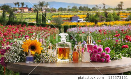 bottles of sunflowers and flowers on the beach 133373161