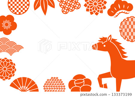 Red Japanese-style ornament and horse frame Red Japanese-style ornament and horse frame 133373199