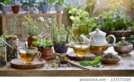 herbal tea in a glass cup on the table herbal tea in a glass cup on the table 133373200