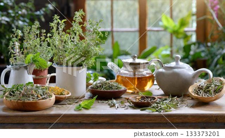 herbal tea in a glass cup on the table herbal tea in a glass cup on the table 133373201