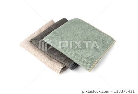 Cleaning cloth isolated, beige, grey, green wipe rag, cleaning microfiber towel, wiping cotton 133373431