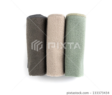 Cleaning cloth isolated, beige, grey, green wipe rag, cleaning microfiber towel, wiping cotton 133373434