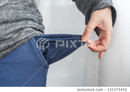 Empty pockets close-up. Person is showing financial loss, no money, poor person Empty pockets close-up. Person is showing financial loss, no money, poor person 133373458