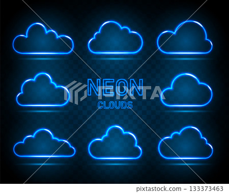 A set of eight neon digital cloud icon on a black and blue background. 133373463