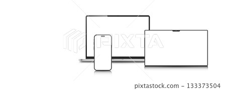 A set of laptop, phone, and tablet layouts with blank screens on a white background. A set of laptop, phone, and tablet layouts with blank screens on a white background. 133373504