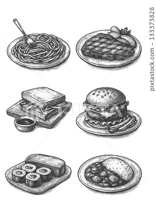 Western food menu hand-drawn monochrome illustration set 133373828