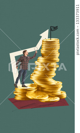 Creative digital artwork. Businessman examining towering stack of golden coins with rising arrow and flag on top. Creative digital artwork. Businessman examining towering stack of golden coins with rising arrow and flag on top. 133373911