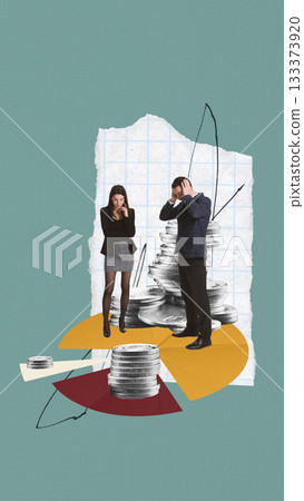 Graphic collage. Two colleagues standing on pie chart pieces surrounded by coin stacks. Graphic collage. Two colleagues standing on pie chart pieces surrounded by coin stacks. 133373920
